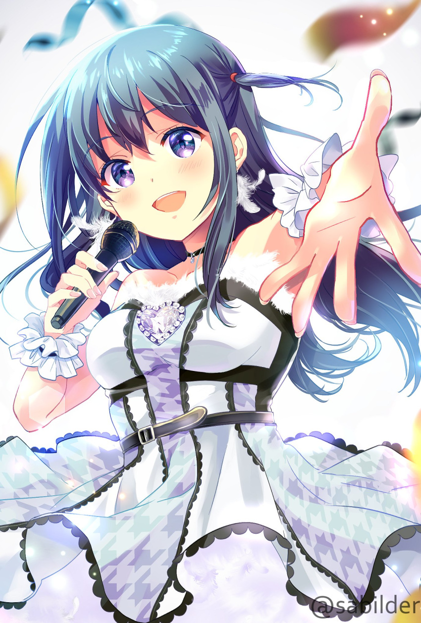 1girl :d bare_shoulders black_choker black_hair blush breasts brooch choker collarbone cowboy_shot dress fur-trimmed_dress fur_trim hair_between_eyes heart heart_brooch highres holding holding_microphone idoly_pride jewelry long_hair looking_at_viewer medium_breasts microphone nagase_mana one_side_up open_hand open_mouth outstretched_arm pendant_choker pleated_dress purple_eyes raised_eyebrows reaching reaching_towards_viewer sabi_(sabilder) simple_background smile solo straight_hair strapless strapless_dress teeth upper_teeth_only watermark white_background white_dress white_wrist_cuffs