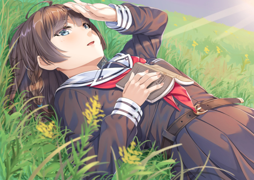 1girl arm_up belt belt_buckle blue_eyes book braid brown_belt brown_hair brown_serafuku brown_shirt brown_skirt buckle day long_sleeves miri_(ago550421) neckerchief on_grass open_book original outdoors parted_lips pleated_skirt puffy_long_sleeves puffy_sleeves red_neckerchief sailor_collar school_uniform serafuku shirt skirt sleeves_past_wrists solo white_sailor_collar