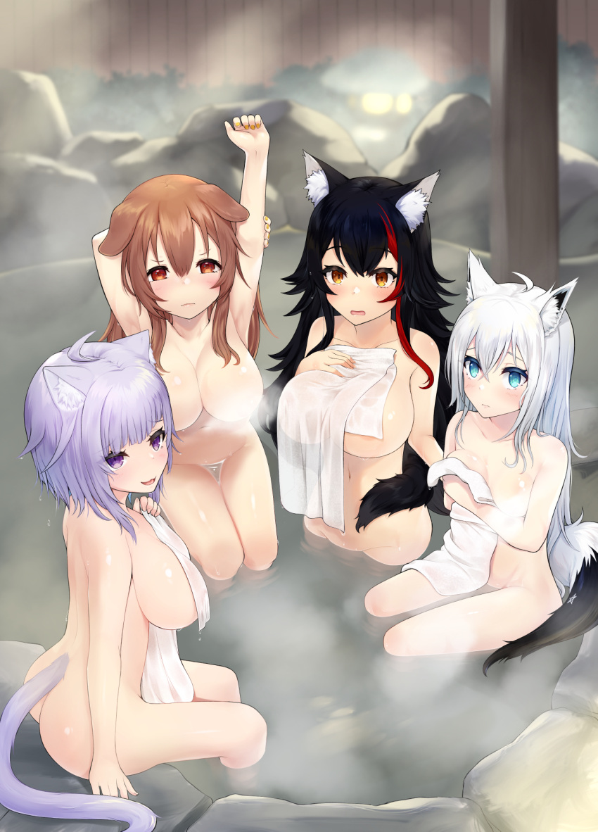 4girls :3 ahoge amekosame animal_ears areola_slip armpits ass bath black_hair blue_eyes blush body_blush breasts brown_eyes brown_hair cat_ears cat_girl cat_tail closed_mouth commentary_request convenient_censoring dog_ears dog_girl fingernails flipped_hair fox_ears fox_girl fox_tail full_body hair_between_eyes highres holding holding_towel hololive hololive_gamers inugami_korone large_breasts long_hair looking_at_viewer medium_breasts medium_hair multicolored_hair multiple_girls nekomata_okayu onsen ookami_mio open_mouth purple_eyes purple_hair red_hair rock shirakami_fubuki sidelocks sitting smile steam steam_censor streaked_hair tail towel virtual_youtuber water white_hair wolf_ears wolf_girl wolf_tail