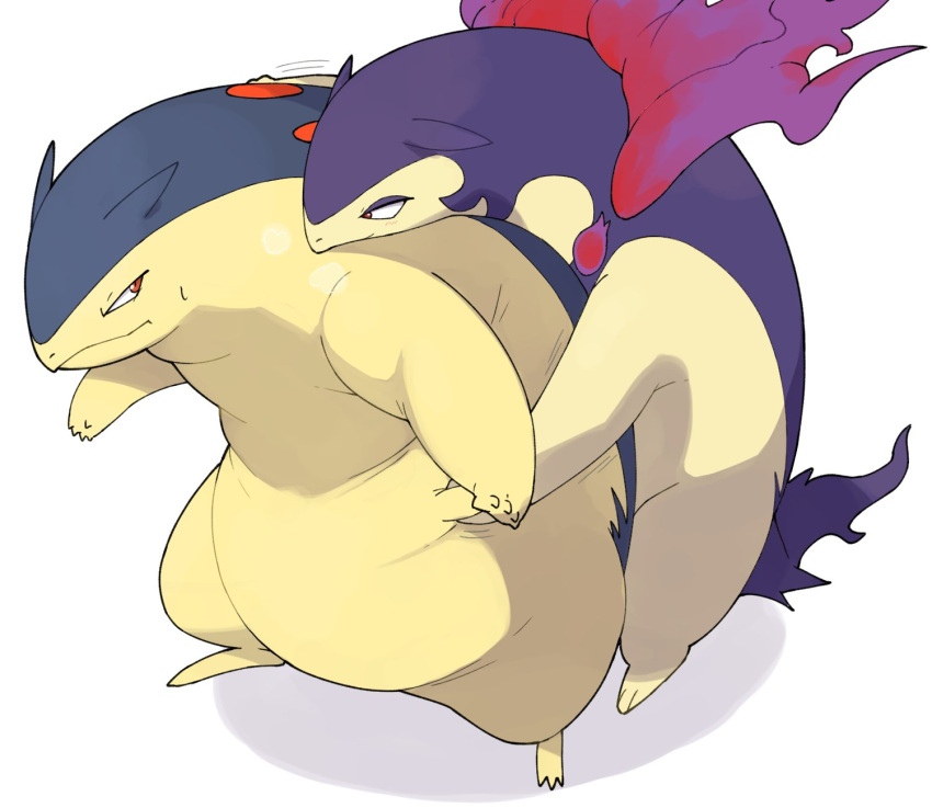 ambiguous/ambiguous ambiguous_gender belly bird's-eye_view bodily_fluids duo feral feral_on_feral fire generation_2_pokemon hand_on_stomach hi_res high-angle_view hisuian_form hisuian_typhlosion looking_at_another nintendo overweight overweight_feral pokemon pokemon_(species) regional_form_(pokemon) simple_background standing sweat sweatdrop typhlosion white_background zephy_03