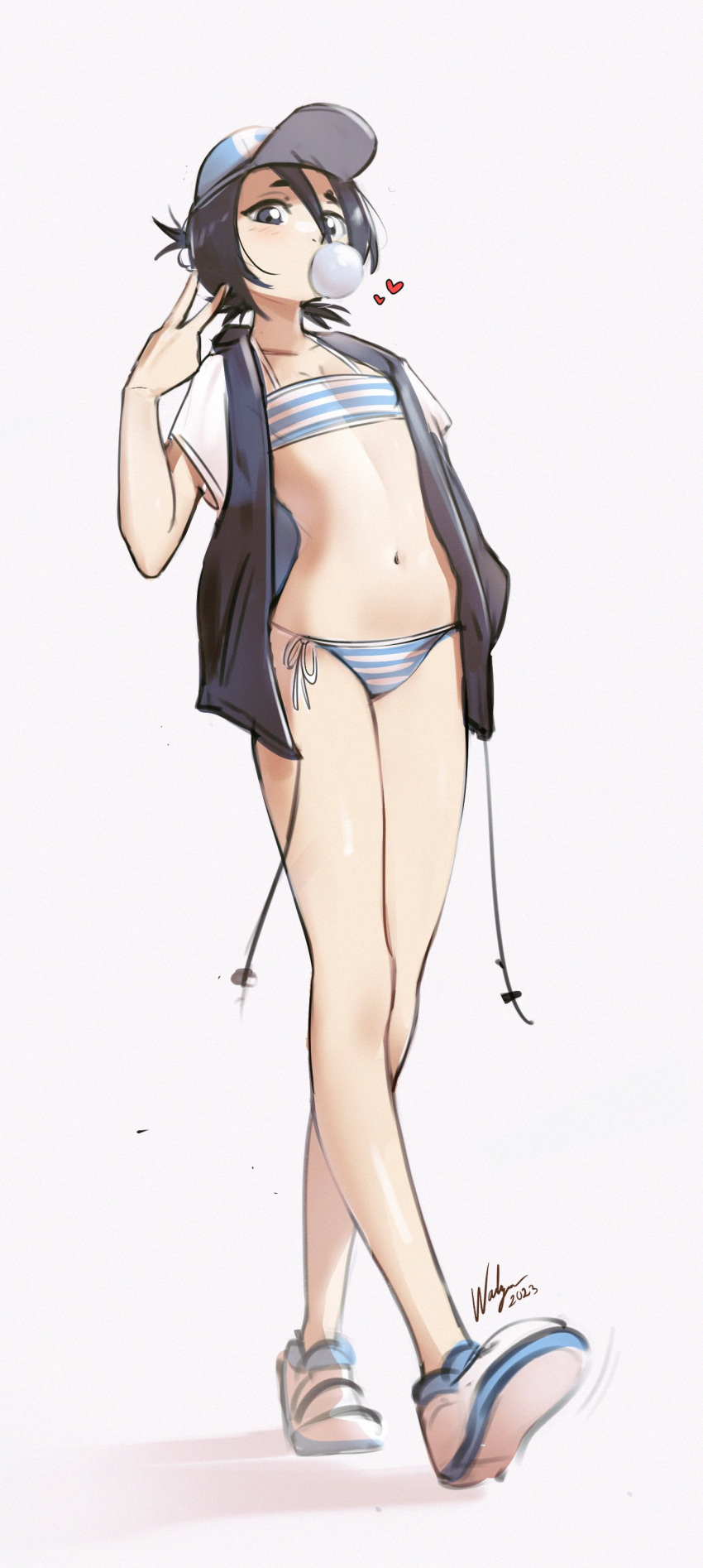 1girl absurdres baseball_cap bikini black_eyes black_hair bleach breasts bubble_blowing chewing_gum hand_up hat heart highres kuchiki_rukia looking_at_viewer navel short_hair short_sleeved_jacket simple_background small_breasts solo standing striped striped_bikini swimsuit v waligner white_background