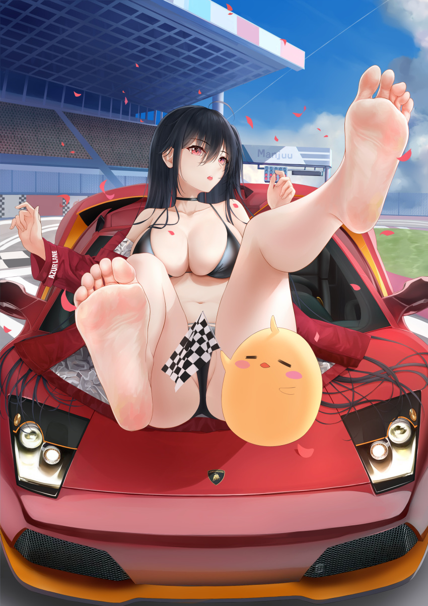 1girl absurdres azur_lane bad_vehicle_anatomy bare_legs barefoot bikini black_bikini black_choker black_hair blush breasts car checkered_flag choker cleavage collarbone commentary_request feet flag foot_focus full_body highres jacket lamborghini lamborghini_murcielago large_breasts legs long_hair long_sleeves manjuu_(azur_lane) motor_vehicle navel official_alternate_costume on_vehicle outdoors parted_lips partially_visible_vulva petals product_placement red_car red_eyes red_jacket revision shigatsu_(4gate) soles swimsuit taihou_(azur_lane) taihou_(enraptured_companion)_(azur_lane) thighs toe_scrunch toes unworn_thighhighs