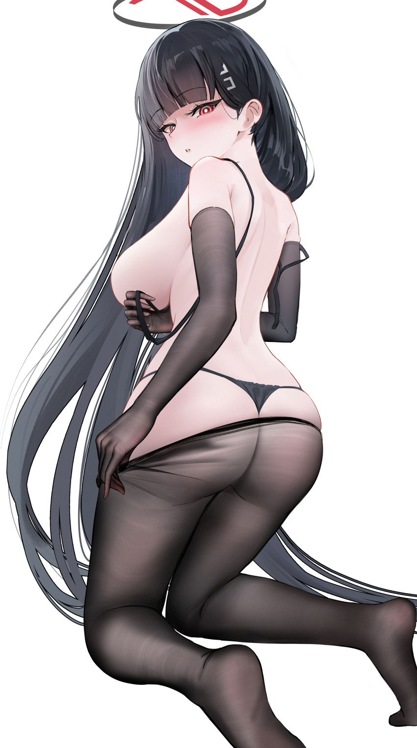 1girl absurdres ass black_gloves black_hair black_panties black_pantyhose blue_archive blunt_bangs blush breasts elbow_gloves gloves halo highres kneeling large_breasts long_hair looking_at_viewer looking_back malon_(chuan2700) median_furrow panties pantyhose red_eyes rio_(blue_archive) simple_background skindentation soles solo straight_hair string_panties topless underwear very_long_hair white_background