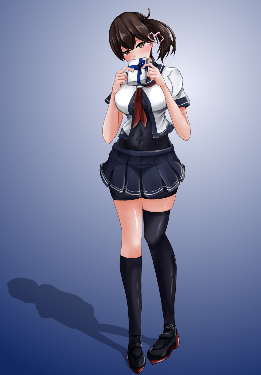 1girl absurdres asymmetrical_legwear black_bodysuit black_hair black_sailor_collar black_skirt black_socks black_thighhighs blue_background bodysuit brown_eyes cosplay full_body furutaka_(kancolle) furutaka_(kancolle)_(cosplay) gift gradient_background highres holding kaga_(kancolle) kantai_collection neckerchief pleated_skirt red_neckerchief sailor_collar school_uniform serafuku side_ponytail single_thighhigh skirt socks solo thighhighs uneven_legwear yasakae_(coumin_c)