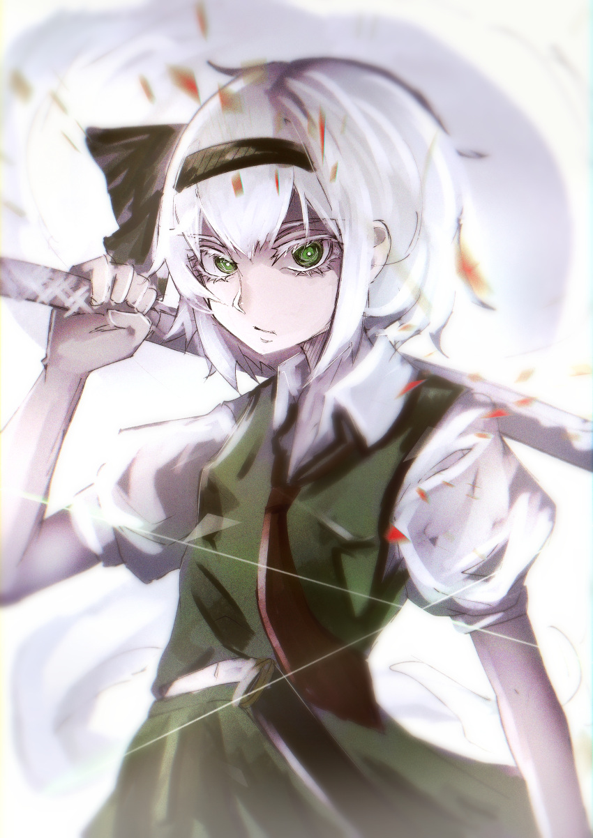 1girl absurdres ascot black_hairband black_necktie black_ribbon closed_mouth collared_shirt commentary_request cowboy_shot denpa_rasaito expressionless flat_chest green_eyes green_skirt green_vest hair_ribbon hairband highres holding holding_sword holding_weapon katana konpaku_youmu looking_at_viewer medium_bangs necktie ribbon shirt short_hair short_sleeves sidelocks skirt skirt_set solo sword touhou vest weapon white_hair white_shirt