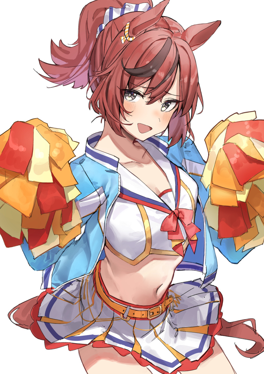 1girl absurdres animal_ears belt blue_jacket blush breasts brown_hair cleavage cowboy_shot crop_top cropped_jacket grey_eyes haruyuki_(gffewuoutgblubh) highres holding holding_pom_poms horse_ears horse_girl horse_tail jacket midriff navel nice_nature_(run&amp;win)_(umamusume) nice_nature_(umamusume) official_alternate_costume open_mouth pom_pom_(cheerleading) ponytail roar_yell!_tracen_academy_cheerleading_squad_(umamusume) sailor_collar shirt short_hair simple_background skirt small_breasts smile solo tail umamusume white_background white_shirt white_skirt