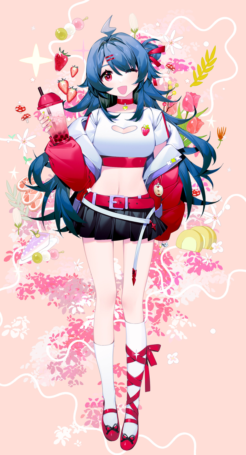 1girl ;d absurdres asymmetrical_legwear belt belt_buckle bilibili black_skirt blue_hair breasts bubble_tea buckle character_request cleavage cleavage_cutout clothing_cutout commentary_request crop_top cup dango drinking_straw flower food fruit hair_between_eyes hair_ornament hairclip heart_cutout highres holding holding_cup jacket long_hair long_sleeves looking_at_viewer midriff miniskirt nail_polish navel off_shoulder official_art one_eye_closed open_clothes open_jacket pink_background pleated_skirt prophet_chu puffy_long_sleeves puffy_sleeves red_belt red_eyes red_flower red_footwear red_jacket sanshoku_dango shirt shoes simple_background skirt smile socks solo spring_(season) strawberry very_long_hair wagashi white_flower white_shirt white_socks yellow_nails