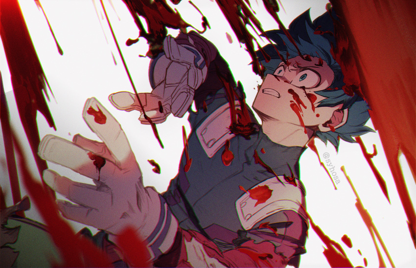 1boy blood blood_on_clothes blood_on_face blood_on_gloves blurry blurry_foreground bodysuit boku_no_hero_academia clenched_teeth commentary_request constricted_pupils curly_hair cuts depth_of_field falling film_grain floating_hair freckles from_side furrowed_brow green_bodysuit green_eyes green_hair hands_up injury looking_ahead looking_away looking_up male_focus matsuya_(pile) midoriya_izuku partial_commentary profile raining_blood scowl short_hair sideways_mouth simple_background solo splashing surprised teeth torn_clothes torn_sleeves twitter_username upper_body white_background wide-eyed