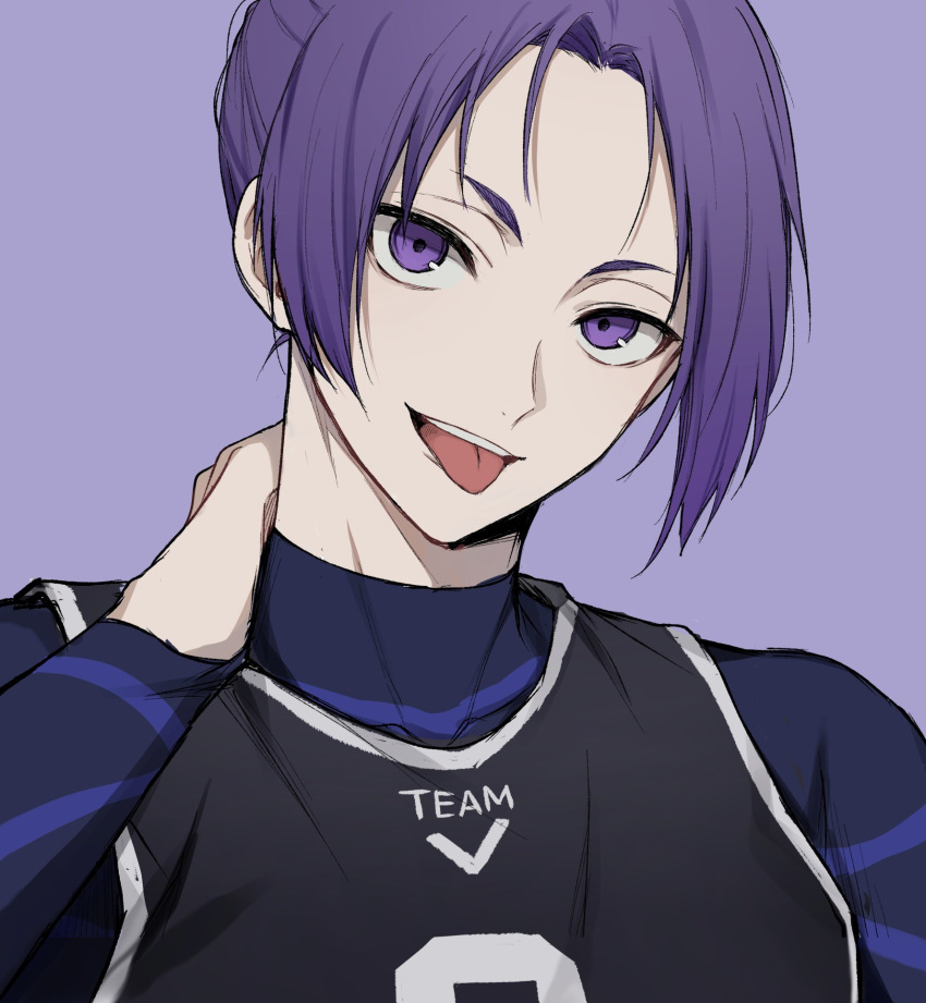 1boy blue_lock bodysuit commentary_request hand_on_own_neck highres long_sleeves looking_at_viewer male_focus mikage_reo moco_(1553561764583079936) purple_background purple_eyes purple_hair simple_background soccer_uniform solo sportswear teeth tongue tongue_out upper_teeth_only