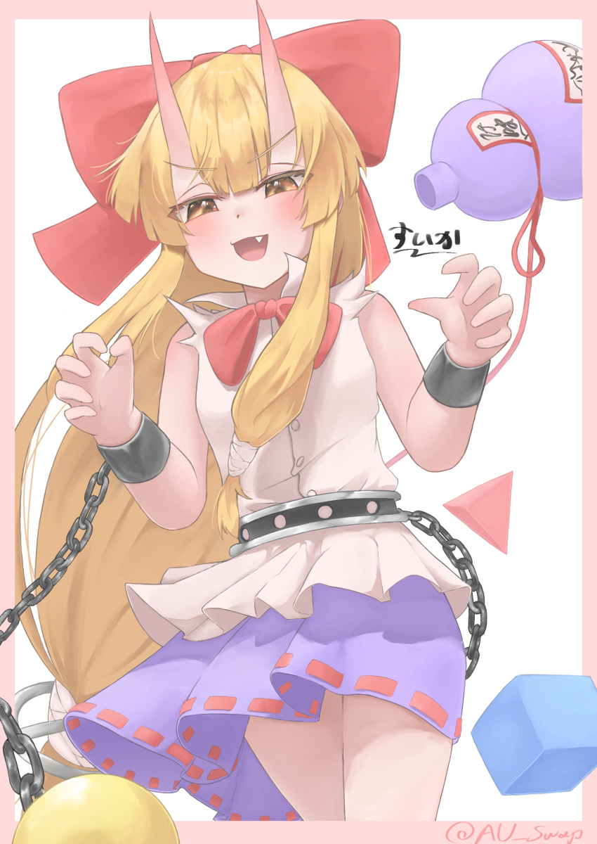 1girl :d alternate_horns blonde_hair blunt_bangs blush border bow breasts buttons chain commentary_request cowboy_shot cube cuffs fang gourd hair_bow highres horns ibuki_suika long_hair low-tied_long_hair medium_bangs open_mouth orb pink_border purple_skirt pyramid_(structure) red_bow ribbon-trimmed_skirt ribbon_trim shirt sidelocks simple_background skin-covered_horns skirt sleeveless sleeveless_shirt small_breasts smile solo suwa_(au_swap) touhou twitter_username v-shaped_eyebrows very_long_hair white_background white_shirt yellow_eyes