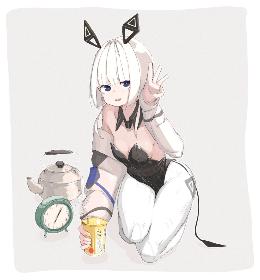 1girl alarm_clock alternate_costume animal_ears black_leotard blue_eyes blunt_bangs breasts cevio cleavage clock collarbone commentary_request cup_noodle detached_collar detached_sleeves fake_animal_ears finger_counting food full_body grey_background hand_up highres holding holding_food kafu_(cevio) kamitsubaki_studio kneeling leotard looking_at_viewer mechanical_ears miminushi pantyhose playboy_bunny rabbit_ears simple_background small_breasts smile solo steam strapless strapless_leotard teapot thighs white_pantyhose white_sleeves yellow_pupils