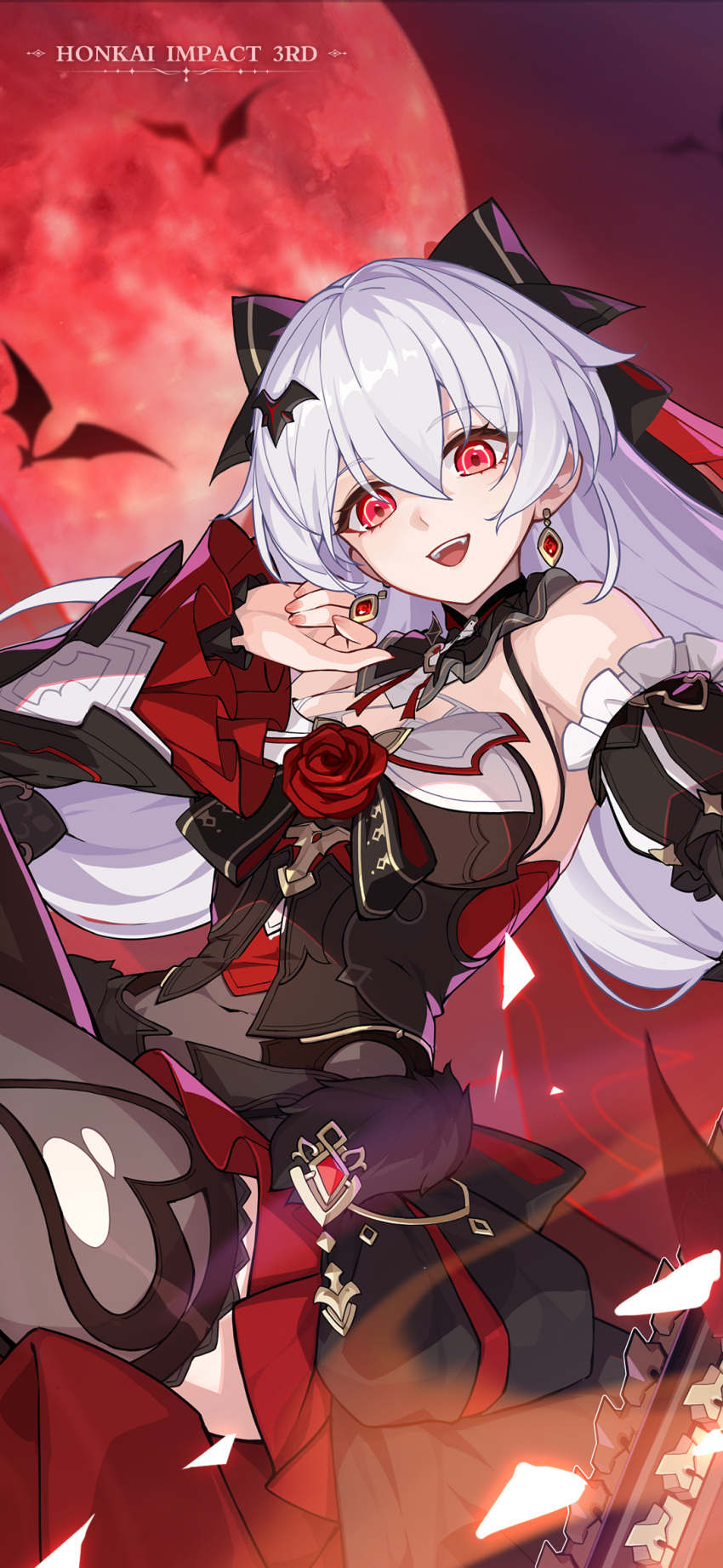 1girl animal bare_shoulders bat_(animal) black_dress black_thighhighs chinese_commentary detached_sleeves dress earrings flower full_moon hair_between_eyes highres honkai_(series) honkai_impact_3rd jewelry long_hair looking_at_viewer moon nail_polish official_art official_wallpaper open_mouth red_eyes red_flower red_moon red_rose rose solo teeth theresa_apocalypse theresa_apocalypse_(lunar_vow:_crimson_love) thighhighs torn_clothes upper_teeth_only vampire weapon white_hair