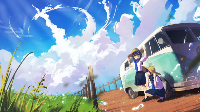 black_footwear black_hair blue_neckerchief blue_sky blurry cloud cloudy_sky commentary_request day depth_of_field full_body grass hat hat_tug highres loafers long_hair looking_at_another motor_vehicle neckerchief open_mouth original outdoors scenery school_uniform serafuku shibainu_illust shoes sitting sky smile standing sun_hat twintails van