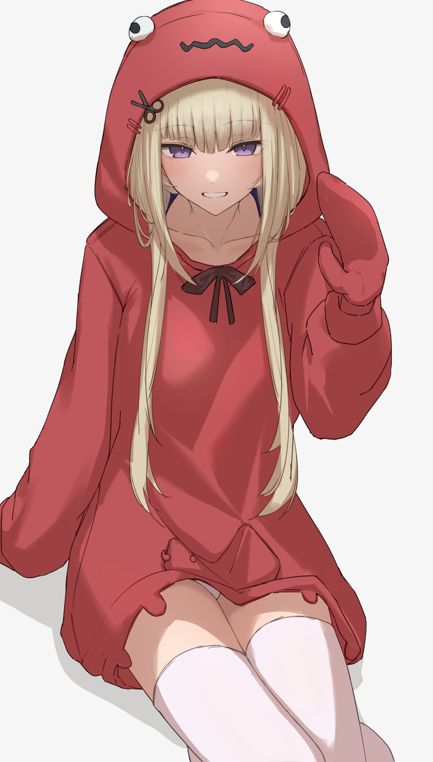 1girl absurdres animal_hood blonde_hair character_request commentary_request commission copyright_request gloves grin hand_up highres hood hoodie kaekae_kaeru long_hair looking_at_viewer panties pantyshot purple_eyes red_gloves red_hoodie simple_background sitting skeb_commission smile solo thighhighs underwear white_background white_panties white_thighhighs