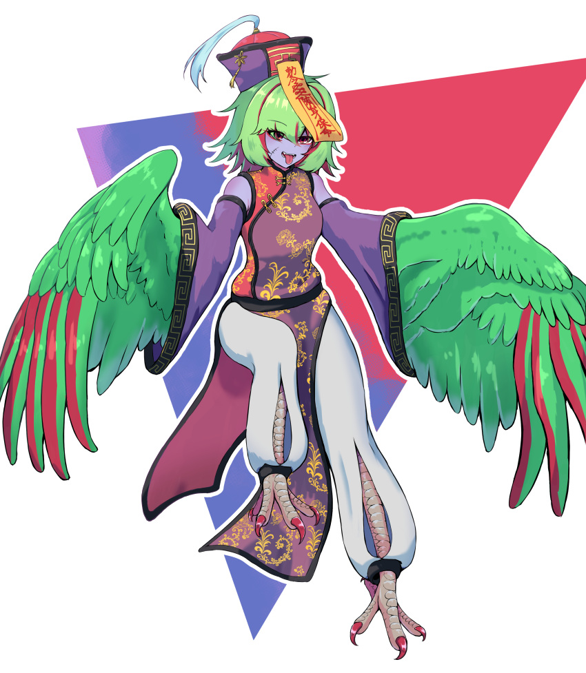 1girl absurdres bare_shoulders bird_legs clothing_request colored_skin commentary_request detached_sleeves feathered_wings feathers green_feathers green_hair green_wings harpy highres jiangshi monster_girl multicolored_hair open_mouth original purple_skin red_eyes red_hair solo stitched_face stitches talons togenomaru tongue tongue_out two-tone_hair wide_sleeves winged_arms wings