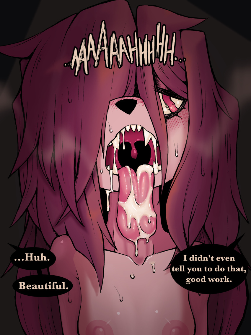 3:4 absurd_res anthro bodily_fluids breasts canid canine canis comic cum cum_in_mouth cum_inside cumshot dialogue domestic_dog ejaculation english_text female genital_fluids hi_res homeless_dog mammal open_mouth ponporio_(artist) red_eyes small_breasts solo teary_eyes text tongue tongue_out