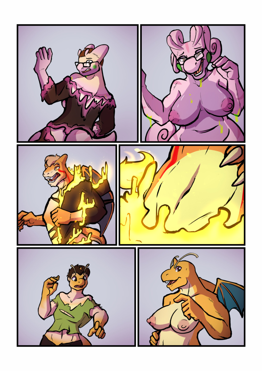 anthro areola biobasher border breast_growth breasts charizard clothing colored comic dialogue dragonite eyewear eyewear_only female fire gender_transformation generation_1_pokemon generation_6_pokemon glasses glasses_only goodra growth hi_res human male mammal navel nintendo nipples nude pokemon pokemon_(species) simple_background species_transformation tail_growth torn_clothing transformation transformation_sequence white_border wing_growth wings