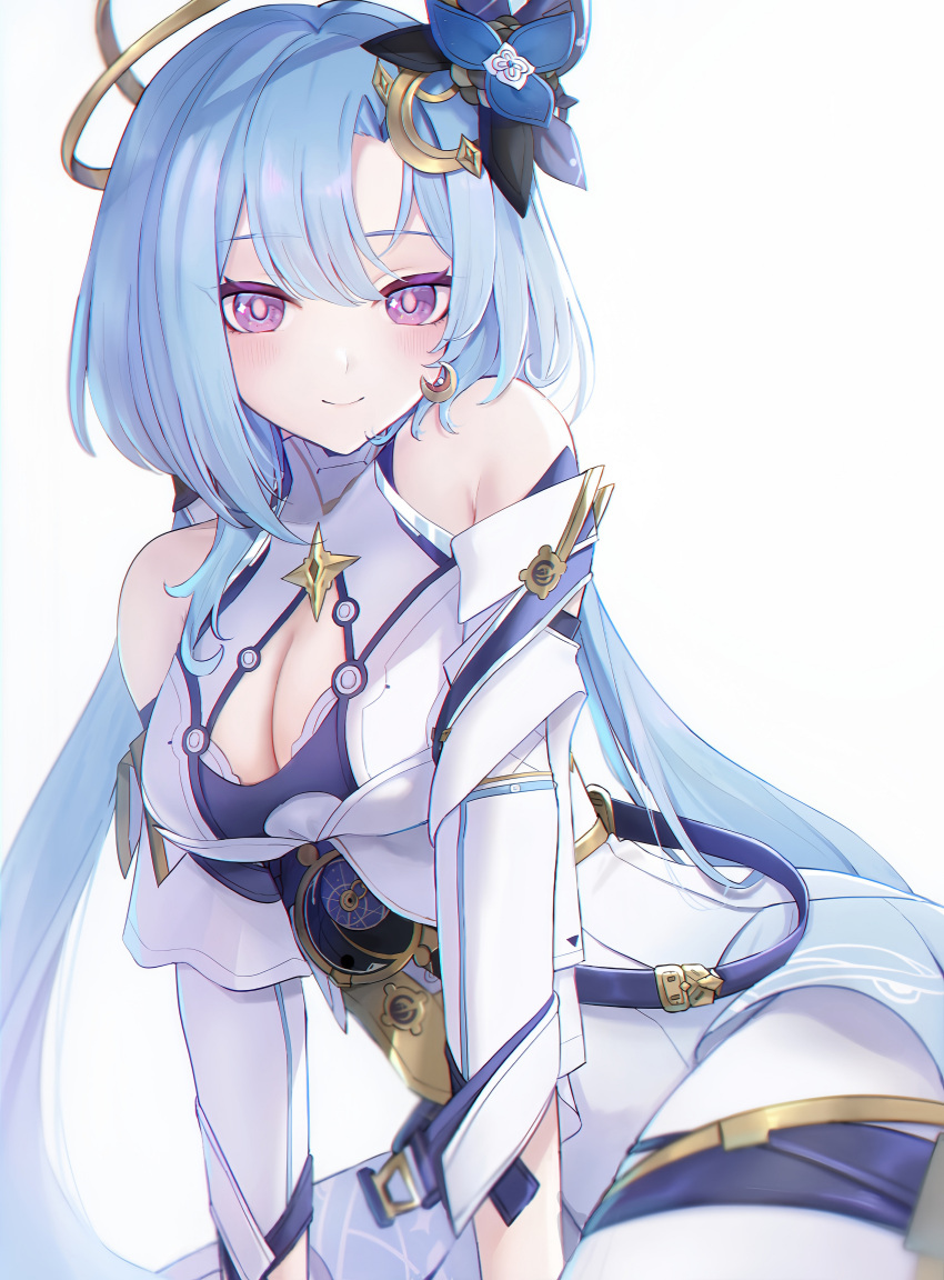1girl absurdres bare_shoulders blue_hair blush breasts cleavage cleavage_cutout closed_mouth clothing_cutout commentary crescent detached_sleeves dress earrings flower griseo hair_flower hair_ornament halo highres honkai_(series) honkai_impact_3rd jewelry large_breasts long_hair long_sleeves looking_at_viewer low_twintails purple_eyes simple_background smile solo twintails ura_(hamburg_oniku) very_long_hair white_background white_dress