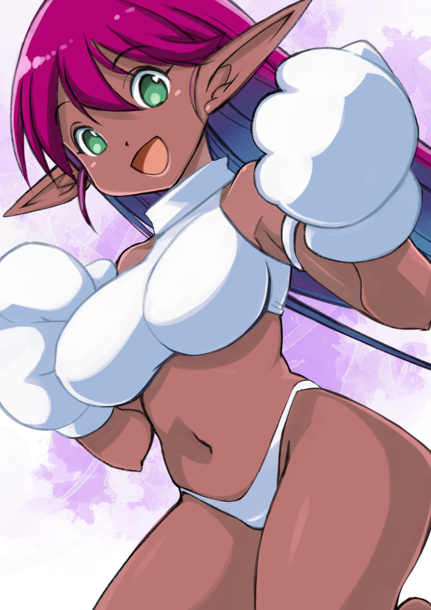 1girl :d absurdres alternate_color aqua_eyes bare_shoulders bikini breasts dark-skinned_female dark_skin galaxy_fight gloves hair_between_eyes hands_up highleg highleg_bikini highres large_breasts long_hair long_pointy_ears looking_at_viewer muramasa_mikado navel no_panties open_mouth pink_hair player_2 pointy_ears roomi smile solo straight_hair swimsuit turtleneck turtleneck_swimsuit white_bikini