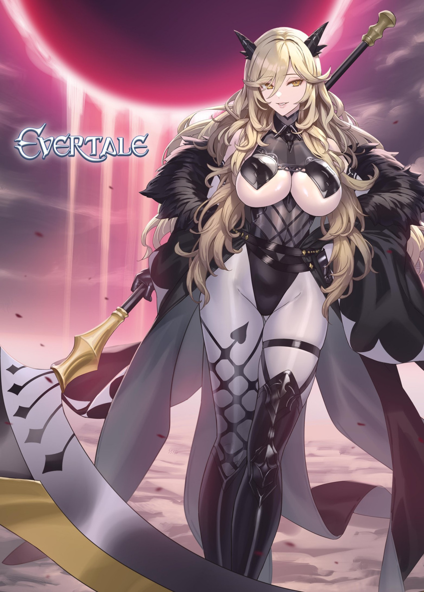 1girl belt blonde_hair boots breasts coat commentary_request copyright_name cuboon evertale fur_trim gloves hair_ornament hair_over_one_eye hand_on_own_hip highleg highleg_leotard highres holding holding_weapon large_breasts leotard logo loki_(evertale) long_hair long_sleeves looking_at_viewer off_shoulder official_art open_clothes open_coat pantyhose parted_lips scythe shiny_skin simple_background smile solo thigh_boots weapon yellow_eyes