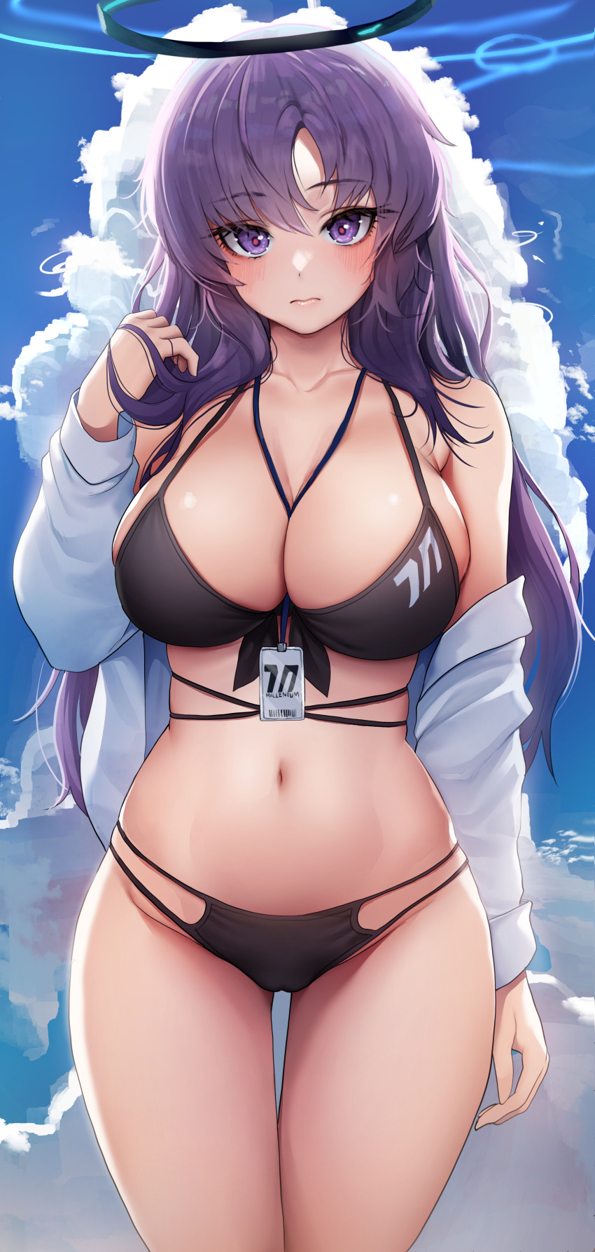 1girl absurdres alternate_costume alternate_hairstyle bikini black_bikini blue_archive blush breasts closed_mouth cloud collarbone commentary doyoon_7 halo highres large_breasts long_sleeves looking_at_viewer navel open_clothes open_shirt outdoors purple_eyes purple_hair shirt sky solo standing stomach swimsuit white_shirt yuuka_(blue_archive)