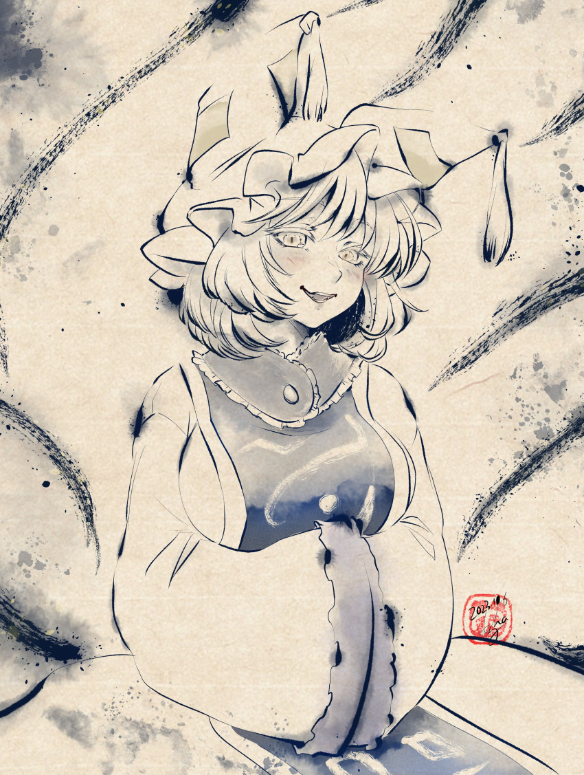 1girl absurdres blush breasts commentary_request cowboy_shot dated eyelashes faux_traditional_media fox_tail greyscale hands_in_opposite_sleeves hat highres ink kitsune kyuubi large_breasts long_sleeves looking_at_viewer medium_bangs medium_hair mob_cap monochrome multiple_tails open_mouth smile solo stamp_mark tail touhou wide_sleeves yakumo_ran yuzuha_(yuzutime)