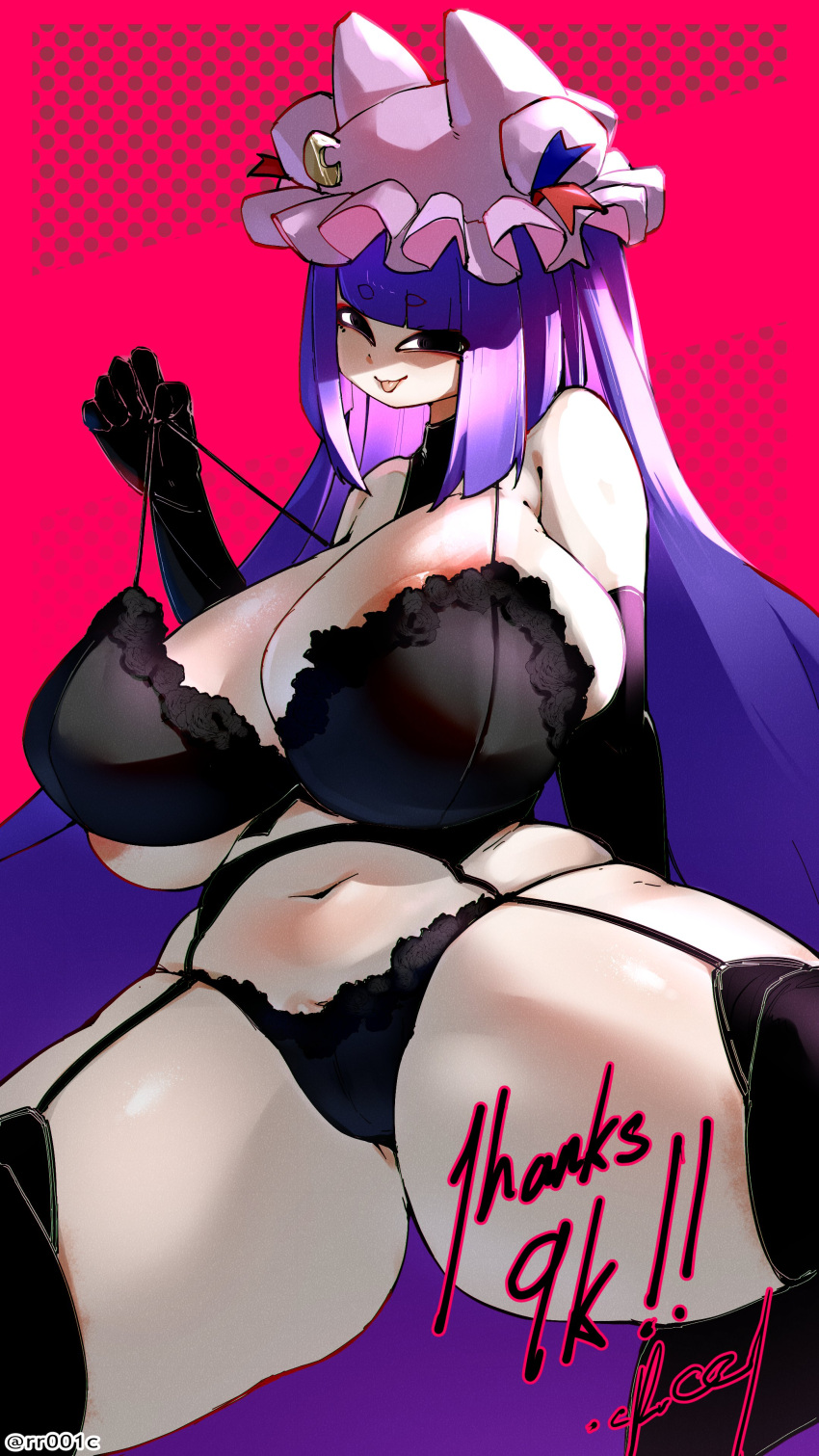 1girl absurdres animal_ears areola_slip black_bra black_eyes black_gloves blunt_bangs bra breasts bun_cover crr001 ears_through_headwear fox_ears garter_belt garter_straps gloves hat highres huge_breasts lingerie long_hair looking_at_viewer mob_cap patchouli_knowledge patchouli_knowledge_(crr001) purple_hair purple_headwear shaded_face strap_pull thick_thighs thighs tongue tongue_out touhou underwear underwear_only very_long_hair