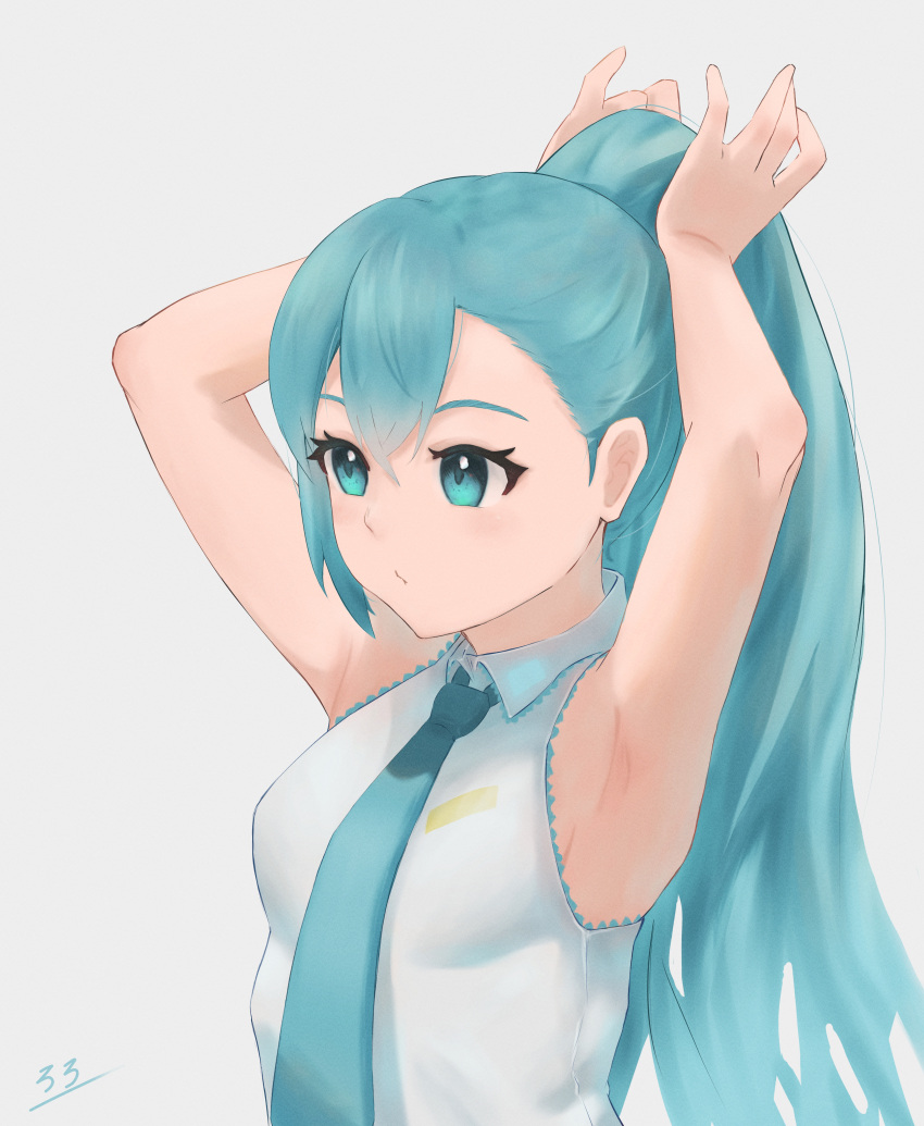 1girl :/ absurdres aqua_eyes aqua_hair aqua_necktie armpits arms_up asymmetrical_bangs bare_arms bare_shoulders breasts closed_mouth collared_shirt expressionless eyelashes from_side grey_background hair_between_eyes hand_in_own_hair hatsune_miku highres lhoting long_hair looking_ahead medium_breasts necktie ponytail shirt simple_background sleeveless sleeveless_shirt solo tying_hair upper_body vocaloid white_shirt