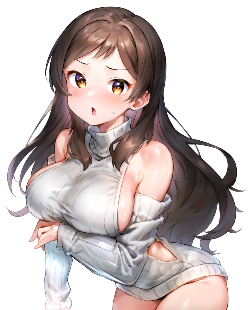 1girl bare_shoulders blush breasts brown_eyes brown_hair detached_sleeves dress halterneck highres idolmaster idolmaster_million_live! kitazawa_shiho large_breasts leaning_forward long_hair looking_at_viewer meme_attire naked_sweater open_mouth parted_bangs qianlou_(qianlou12374) ribbed_sweater sideboob simple_background sleeveless sleeveless_sweater sleeveless_turtleneck sleeves_past_wrists solo sweat sweater sweater_dress turtleneck turtleneck_sweater virgin_killer_sweater white_background white_sweater