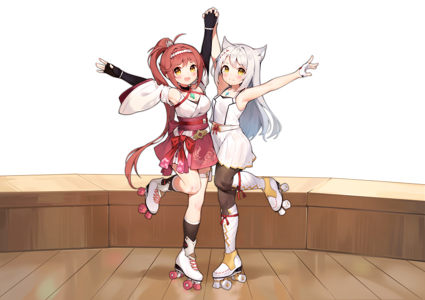 2girls :d absurdres animal_ear_fluff animal_ears arm_up black_gloves black_socks blush braid breasts brown_pantyhose camisole cleavage closed_mouth detached_sleeves elbow_gloves fingerless_gloves glimmer_(xenoblade) gloves grey_hair half_gloves highres holding_hands long_hair medium_breasts mio_(xenoblade) multiple_girls okazakileo outstretched_arm pantyhose pleated_skirt ponytail red_hair red_skirt roller_skates short_sleeves simple_background skates skirt smile socks standing standing_on_one_leg very_long_hair white_background white_camisole white_footwear white_gloves white_skirt wide_sleeves wooden_floor xenoblade_chronicles_(series) xenoblade_chronicles_3 xenoblade_chronicles_3:_future_redeemed yellow_eyes