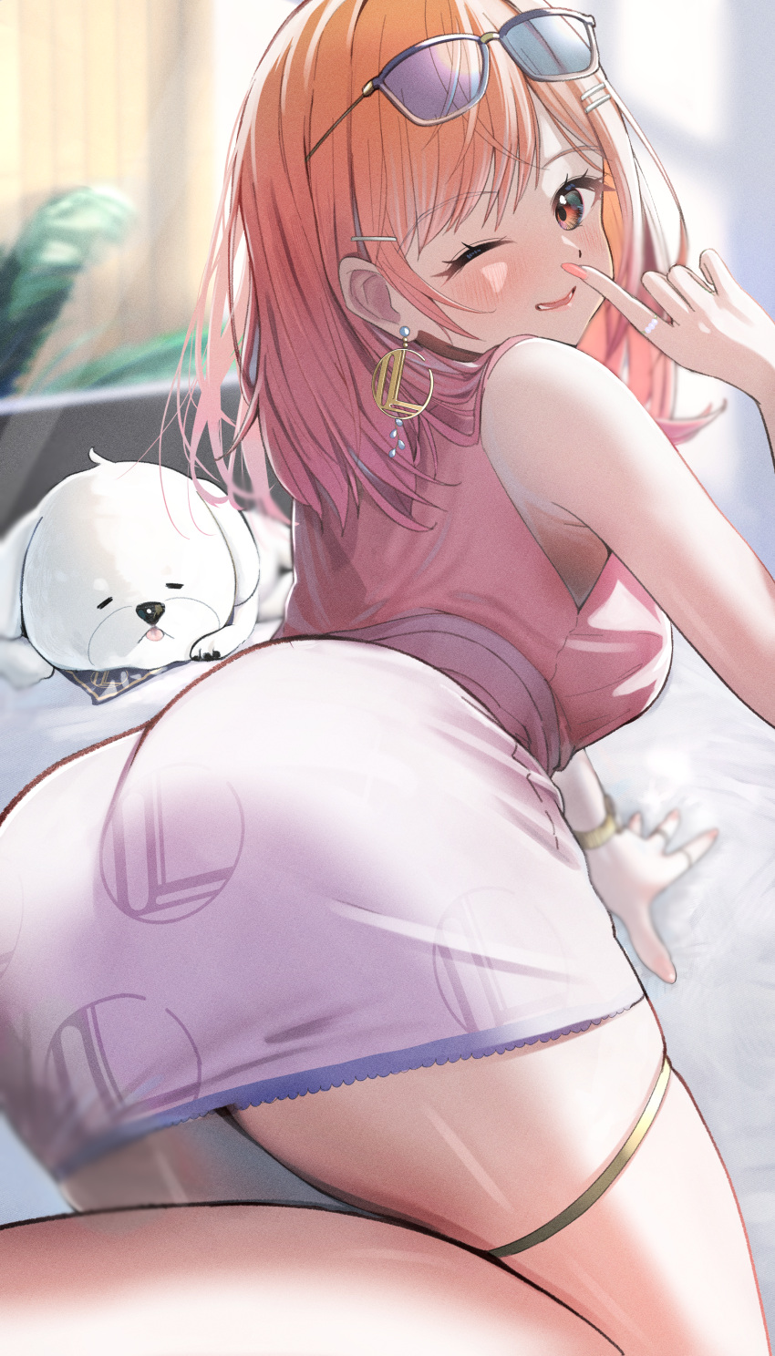 1girl absurdres aki_(mkjn5227) ass ass_focus blush dog earrings eyewear_on_head from_behind gold_earrings hair_ornament hairpin highres hololive hololive_dev_is hoop_earrings huge_ass ichijou_ririka jewelry long_hair looking_at_viewer looking_back multicolored_hair one_eye_closed open_mouth orange_eyes orange_hair orange_nails pink_hair pink_shirt shirt single_earring skirt sleeveless sleeveless_shirt smile solo thighs virtual_youtuber white_dog