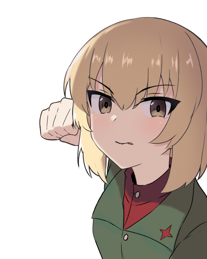 1girl alternate_eye_color amogan blonde_hair brown_eyes clenched_hand girls_und_panzer highres katyusha_(girls_und_panzer) pravda_school_uniform school_uniform short_hair white_background