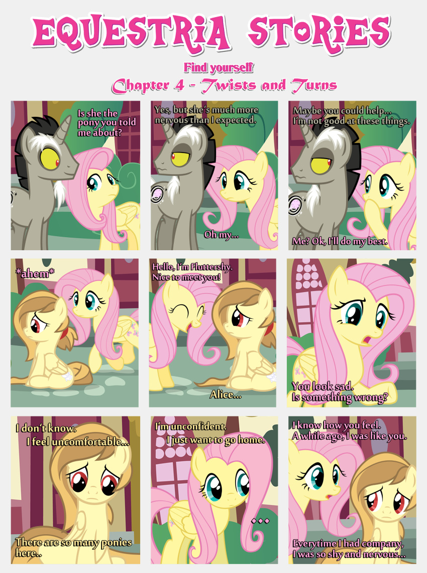 absurd_res alice_goldenfeather_(estories) black_border border building concern dialogue discord_(mlp) equid equine estories eyes_closed fake_cutie_mark female feral fluttershy_(mlp) folded_wings friendship_is_magic frown group hasbro hi_res horn male mammal my_little_pony open_mouth outside pegasus ponyville reassuring relatable sad sitting smile standing tag_team trio uncomfortable unconfident unicorn walking wings