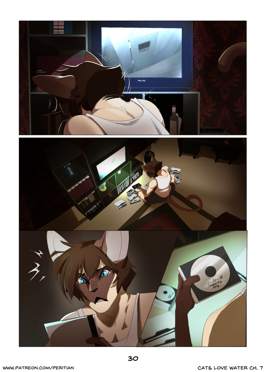 anthro arno_(peritian) blue_eyes brown_body brown_fur brown_hair carpet clothing comic comic_panel compact_disc domestic_cat felid feline felis fur hair hi_res inside long_tail male mammal peritian shirt siamese solo tail tank_top television topwear