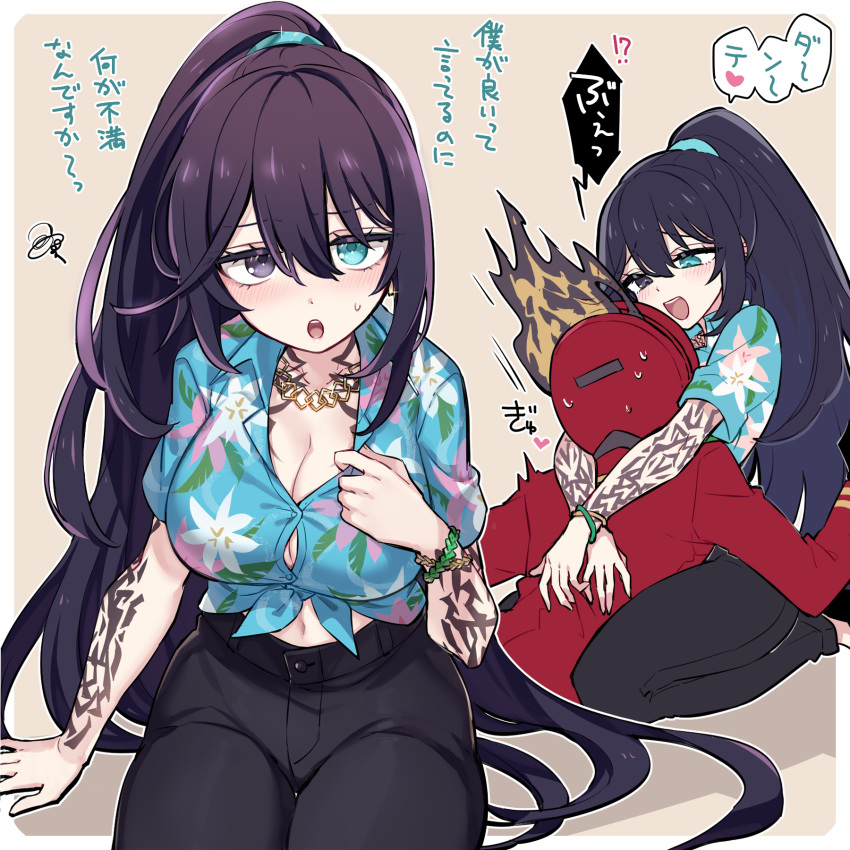 1girl 1other arm_tattoo black_eyes black_hair black_pants blue_eyes bracelet breasts button_gap cleavage collared_shirt commentary_request dante_(limbus_company) genderswap genderswap_(mtf) hair_between_eyes hawaiian_shirt heart heterochromia highres hong_lu_(limbus_company) hug jewelry large_breasts limbus_company long_hair long_sleeves navel neck_tattoo necklace open_mouth pants ponytail project_moon shiki_(shikki46) shirt short_sleeves smile sweat tattoo teeth translation_request upper_teeth_only