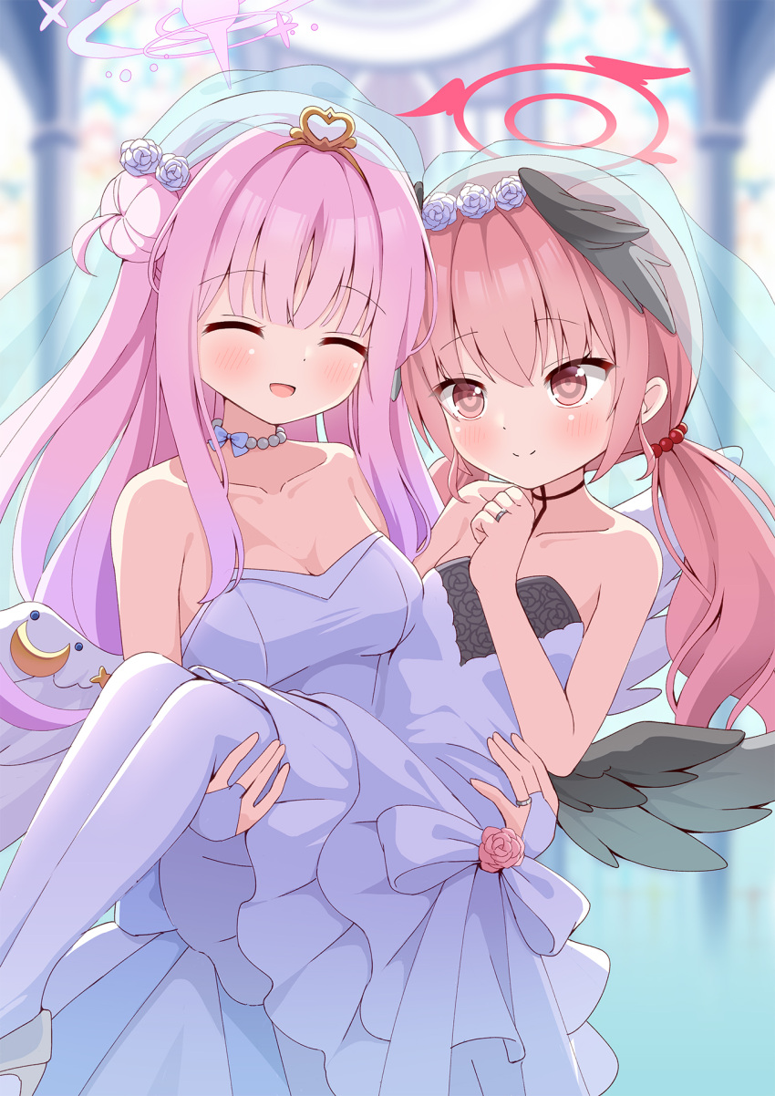 2girls azel_(laevateinn495) black_wings blue_archive blush breasts bridal_gauntlets closed_eyes closed_mouth collarbone crescent crescent_pin dress feathered_wings flat_chest flower hair_bun hair_flower hair_ornament halo head_wings highres jewelry koharu_(blue_archive) long_hair medium_breasts mika_(blue_archive) multiple_girls open_mouth pink_eyes pink_hair pink_halo purple_flower red_halo ring single_side_bun smile twintails wedding_dress wedding_ring white_dress white_wings wings yuri