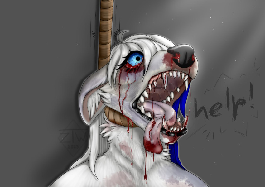 anthro asphyxiation blood bodily_fluids canid canine fox gore mammal open_mouth portrait rope scared solo tears teeth zhekathewolf