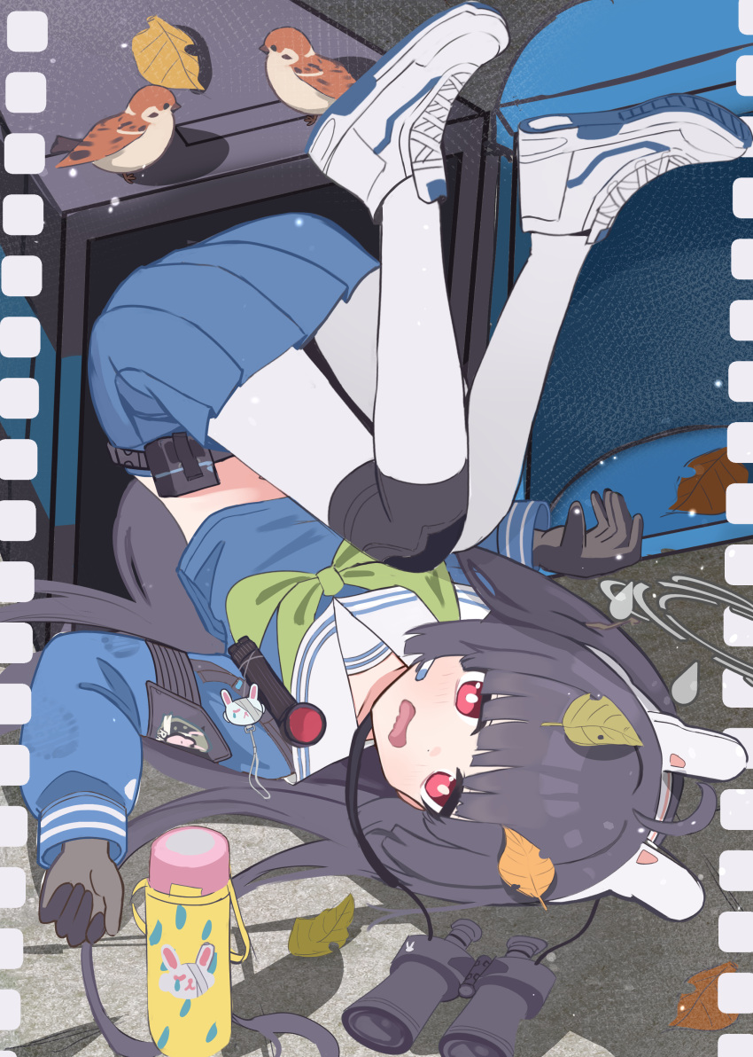 1girl absurdres animal_ears binoculars bird black_gloves black_hair blue_archive blue_shirt blue_skirt blunt_bangs bottle bright_pupils commentary_request fake_animal_ears gloves green_neckerchief grey_halo halo highres knee_pads leaf leaf_on_head long_hair midriff_peek miyu_(blue_archive) neckerchief pantyhose pleated_skirt red_eyes school_uniform serafuku shirt shoes single_knee_pad skirt solo thomason366 trash_can upside-down water_bottle white_footwear white_pantyhose white_pupils