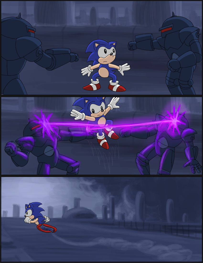absurd_res anthro archie_comics attack city city_background cityscape comic escaping eulipotyphlan hedgehog hi_res humanoid laser machine male mammal omatic robot robot_humanoid sega shooting solo sonic_the_hedgehog sonic_the_hedgehog_(archie) sonic_the_hedgehog_(comics) sonic_the_hedgehog_(series) swatbot whoreomatic