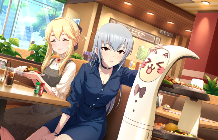 2girls ^_^ belt blonde_hair blue_dress blush bracelet braid breasts brown_eyes cafe choker clarice_(idolmaster) cleavage closed_eyes collarbone day dress drink drinking_straw earrings food frilled_sleeves frills grey_hair hair_between_eyes idolmaster idolmaster_cinderella_girls idolmaster_cinderella_girls_starlight_stage indoors jewelry long_hair long_sleeves looking_at_another medium_breasts multiple_girls official_art plate pocket sidelocks sitting smile table takamine_noa wind