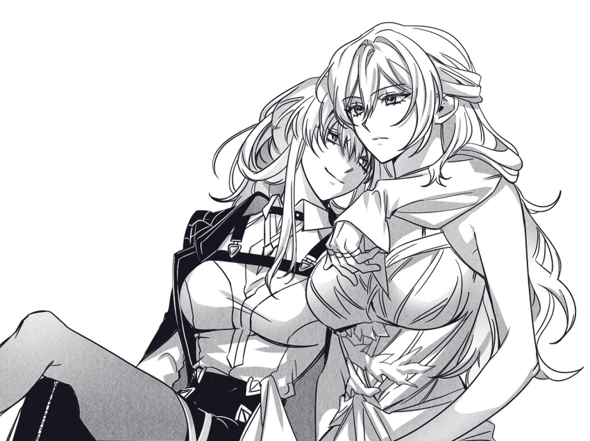 2girls arm_around_shoulder black_jacket breasts chest_harness closed_mouth collared_shirt crossed_legs dress expressionless greyscale hair_between_eyes harness head_on_another's_shoulder himeko_(honkai:_star_rail) honkai:_star_rail honkai_(series) jacket kafka_(honkai:_star_rail) large_breasts long_hair looking_ahead monochrome multiple_girls omegiricecake pantyhose shirt simple_background sitting sleeveless sleeveless_dress smile white_background