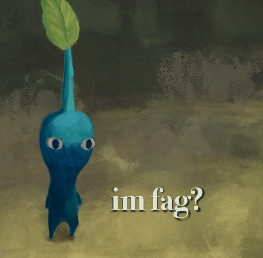 2023 ambiguous_gender biped blue_body blue_pikmin digital_media_(artwork) digital_painting_(artwork) elemental_creature english_text flora_fauna hi_res homophobic_slur kooriki leaf nintendo pikmin pikmin_(species) plant shaded simple_background solo standing text yes-no_question