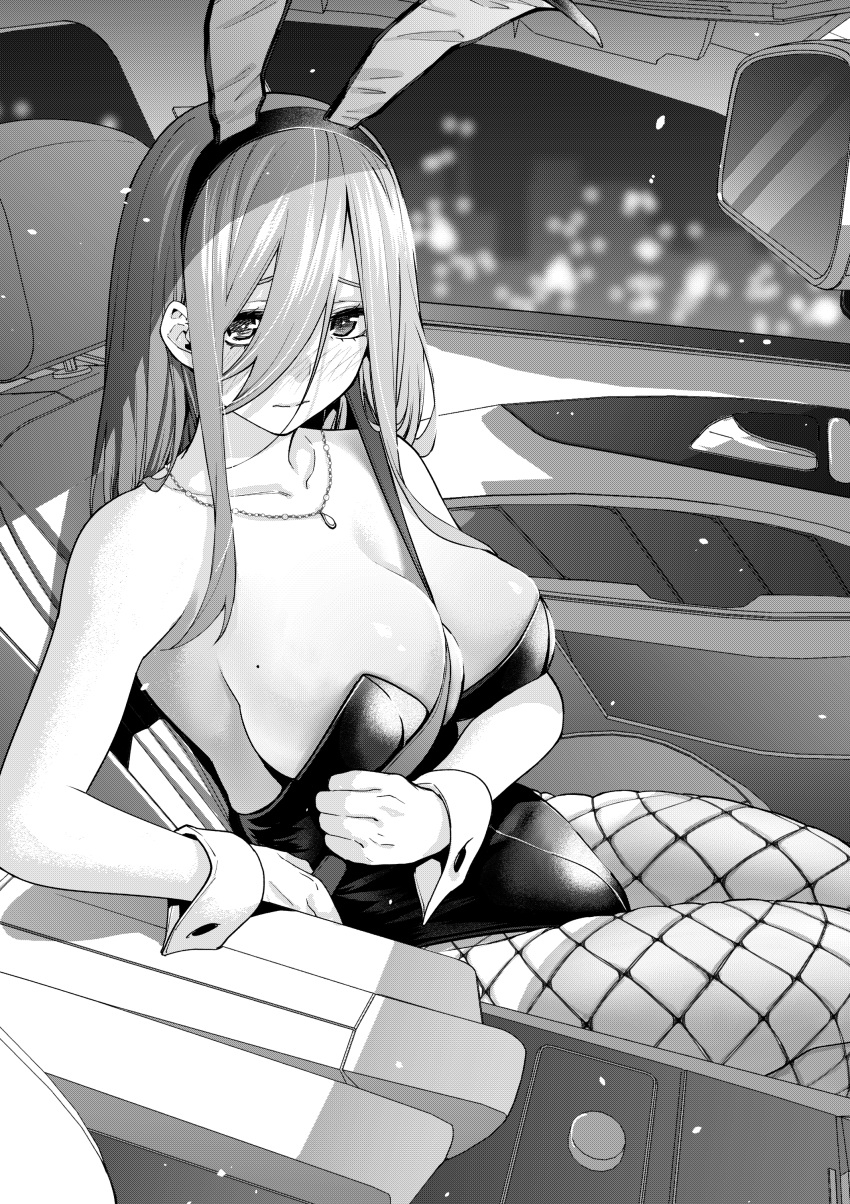 1girl absurdres animal_ears bare_shoulders between_breasts blush breasts car cityscape cleavage closed_mouth collarbone fake_animal_ears fishnet_pantyhose fishnets go-toubun_no_hanayome greyscale hair_between_eyes highres jewelry kosmos_beta large_breasts leotard long_hair looking_at_viewer monochrome motor_vehicle nakano_miku necklace pantyhose playboy_bunny rabbit_ears sitting skindentation smile solo strapless strapless_leotard wrist_cuffs