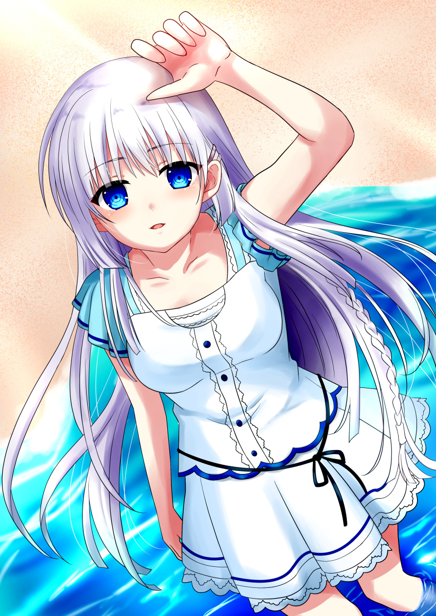 1girl absurdres arm_at_side arm_up aya_(0707) beach black_ribbon blue_eyes blunt_ends blush braid breasts center_frills collarbone commentary dress eyelashes feet_out_of_frame floating_hair frilled_dress frills from_above hair_between_eyes hair_ornament hairclip highres long_hair looking_at_viewer medium_breasts naruse_shiroha ocean parted_lips ribbon ringed_eyes short_dress short_sleeves sidelocks single_braid smile solo standing straight_hair summer_pockets sunlight very_long_hair wading white_dress white_hair