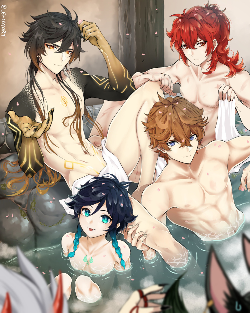 6+boys :p abs absurdres animal_ears arataki_itto arm_up bathing black_hair blurry blurry_foreground braid brown_hair character_request closed_mouth collarbone colored_skin diluc_(genshin_impact) fingernails genshin_impact green_hair grey_hair hair_between_eyes hand_on_another's_leg hand_up height_difference highres knee_up leaning_back leflayart long_hair looking_at_viewer male_focus multicolored_hair multicolored_skin multiple_boys navel nude partially_submerged pectorals petals petals_on_liquid red_hair scar scar_on_chest scar_on_hand sharp_fingernails short_hair side_braid sitting smile spread_legs stomach tartaglia_(genshin_impact) toned toned_male tongue tongue_out towel twin_braids venti_(genshin_impact) very_long_hair water yellow_skin zhongli_(genshin_impact)