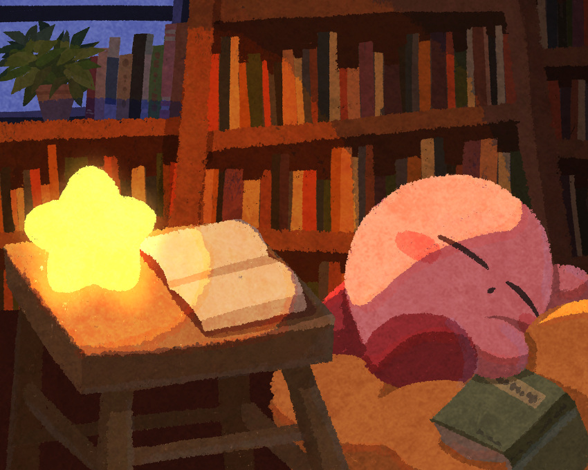 book bookshelf closed_eyes indoors kirby kirby_(series) miclot no_humans open_book plant potted_plant sleeping solo star_(symbol)