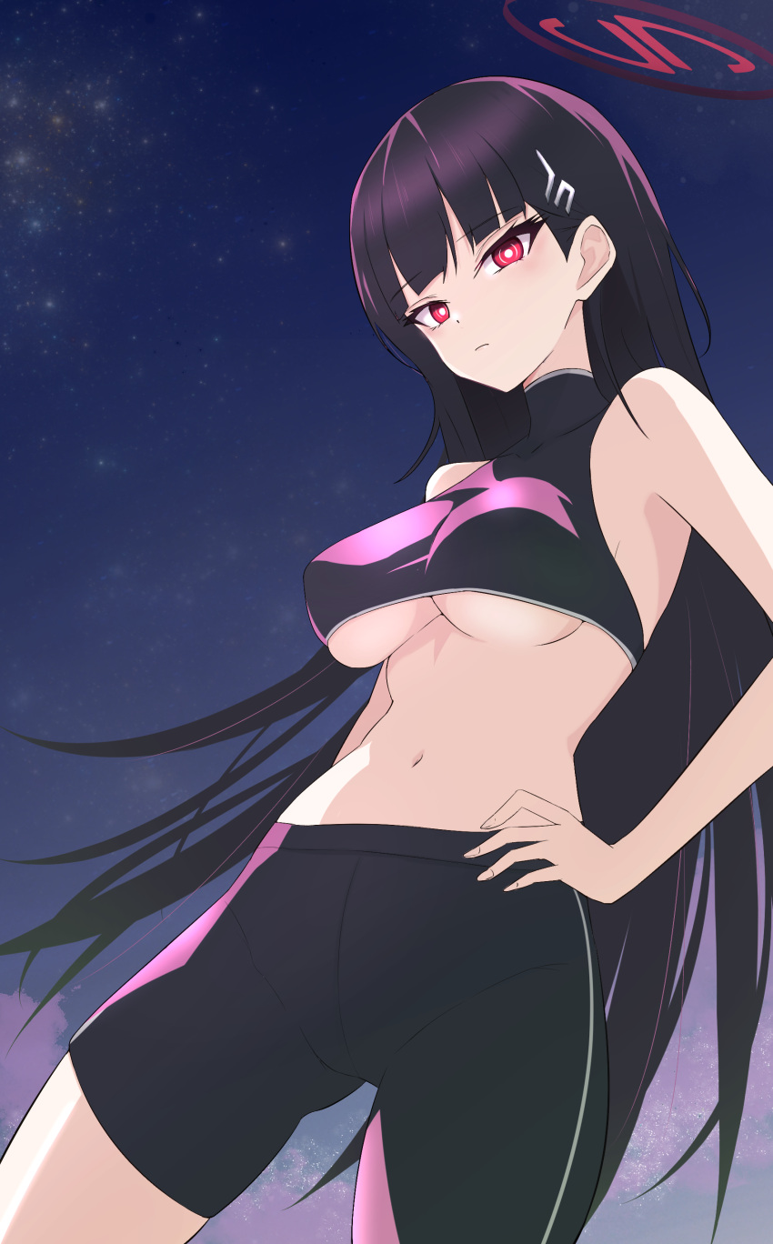 1girl absurdres alternate_costume bike_shorts black_hair black_shorts black_sports_bra blue_archive breasts bright_pupils closed_mouth cowboy_shot hair_ornament hairpin halo hand_on_own_hip highres large_breasts long_hair looking_at_viewer red_eyes red_halo rio_(blue_archive) ryokuchabushi shorts solo sports_bra underboob white_pupils