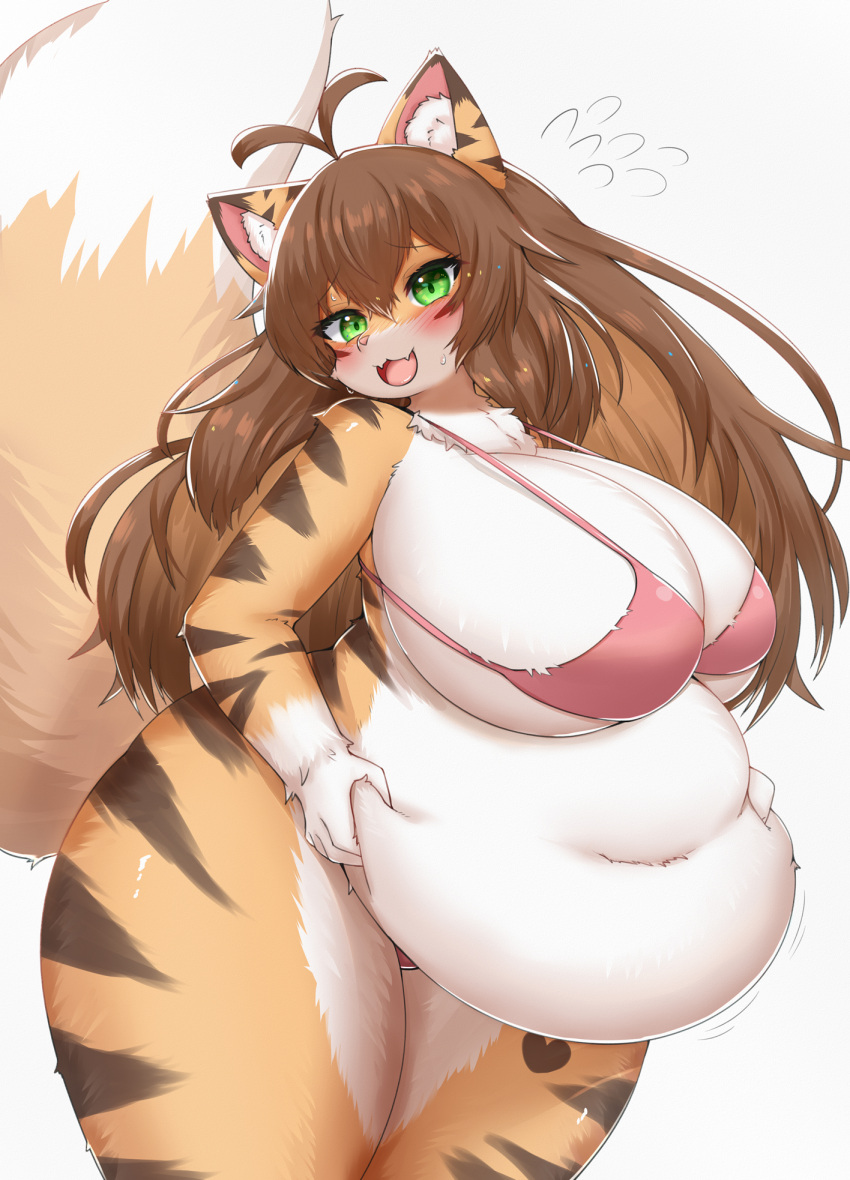&lt;3 2023 anthro belly big_belly big_breasts bikini blush breasts brown_hair canid canine chest_tuft clothed clothed_anthro clothed_female clothing digital_media_(artwork) dipstick_ears dipstick_tail eyelashes felid feline felis female female_anthro fluffy fluffy_tail fox fur gloves_(marking) green_eyes hair hi_res horokusa0519 hybrid inner_ear_fluff kemono looking_at_viewer mammal markings multicolored_ears overweight overweight_anthro overweight_female pantherine simple_background smile solo swimwear tail tail_markings thick_thighs tiger tuft white_background wide_hips