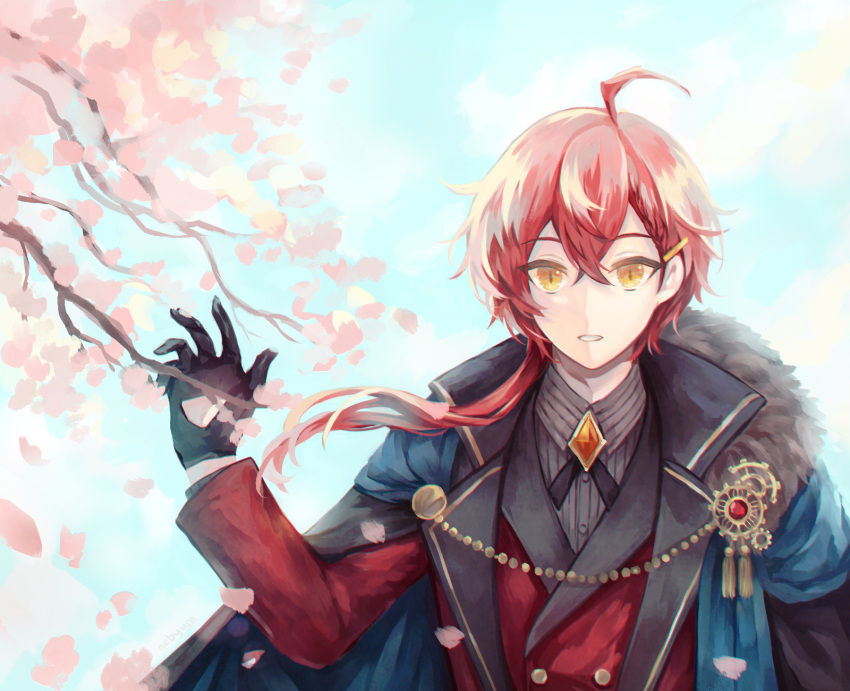 1boy ahoge black_cape black_gloves blue_choker braid braided_bangs branch brooch bungou_to_alchemist cape cherry_blossoms choker collared_shirt cross_tie crossed_bangs day dazai_osamu_(bungou_to_alchemist) falling_petals flower fur-trimmed_cape fur_trim gears gem gloves grey_shirt hair_between_eyes hair_ornament hair_over_shoulder hairclip hand_up highres jacket jewelry lapels long_hair long_sleeves male_focus notched_lapels official_alternate_costume parted_lips petals pink_flower pinstripe_pattern pinstripe_shirt red_gemstone red_hair red_jacket red_vest shirt solo striped two-sided_cape two-sided_fabric upper_body user_mhst3483 vest yellow_eyes