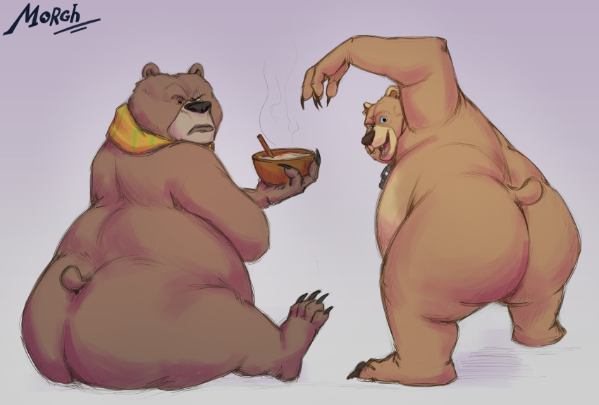 2023 absurd_res anthro baby_bear_(puss_in_boots) bear belly big_belly big_butt black_nose brown_body butt duo food hi_res male mammal overweight overweight_male papa_bear_(puss_in_boots) puss_in_boots_(film) puss_in_boots_the_last_wish scarf sitting themorghull